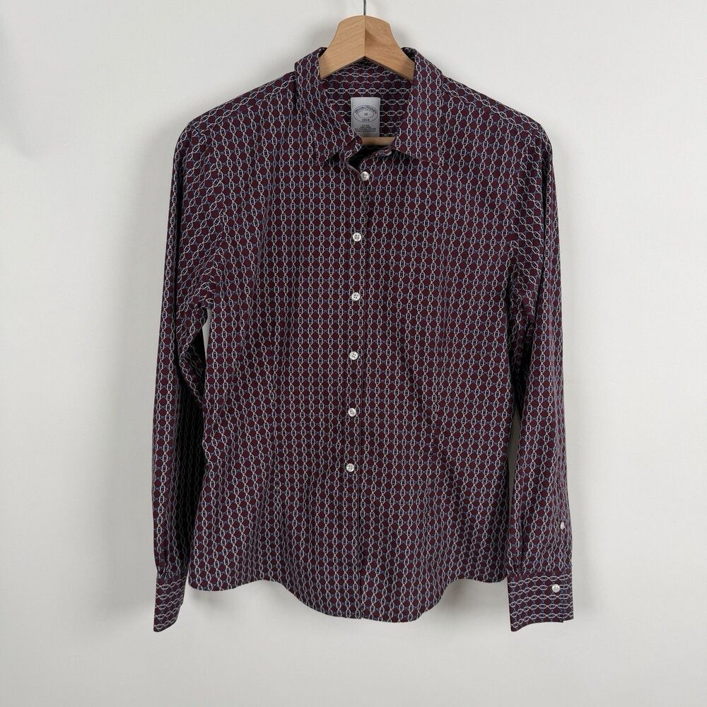 Brooks Brothers Shirt Women 10 Non Iron Burgundy Chain Print Dark Academia 70's
